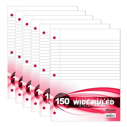 BAZIC Products Wide-Ruled Filler Paper, 3-Hole Punched, 150 Sheets, 6-Pack | 10.5 x 8 in, fit standard 3-ring binders, class notes and homework - color: Wide Ruled (150 Sheets), size: 6-Pack