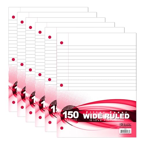 BAZIC Products Wide-Ruled Filler Paper, 3-Hole Punched, 150 Sheets, 6-Pack | 10.5 x 8 in, fit standard 3-ring binders, class notes and homework - color: Wide Ruled (150 Sheets), size: 6-Pack