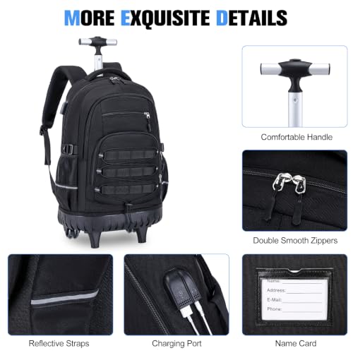 ACESAK Camo Rolling Backpack Boys, Tactical Kids Backpack Boys, Kids Suitcase for Boy Teens Elementary Middle High School, Military Backpack with Wheels and Lunch Bag Pencil Case Set (Black) - color: Black