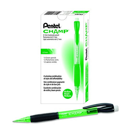 Pentel CHAMP Mechanical Pencil (0.7mm) Mechanical Pencil, Tinted Green Barrel, Box of 12(AL17D) - color: Green, size: 1 Count (Pack of 12), style: 0.7 mm