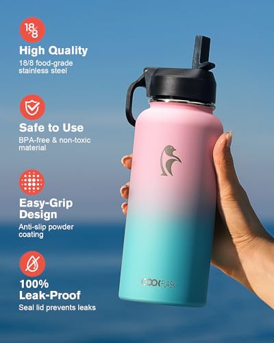 Coolflask 32 oz Water Bottle Insulated with Straw & 3 Leakproof Lids | Water Flask Stainless Steel Triple-Wall Vacuum,Cold 48+h, Dishwasher Safe,Wide Mouth,BPA-Free,Carrier Bag,for Gym,Hiking - color: Bubblegum Princess, size: 32 Ounces