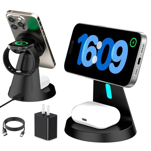 Wireless Charger Compatible with Mag-Safe,3 in 1 Charging Station for iPhone17/16/15/14/13/12 Series, Apple Watch,AirPods,15W Fast Charging (USB-C Adapter Included) - color: Black