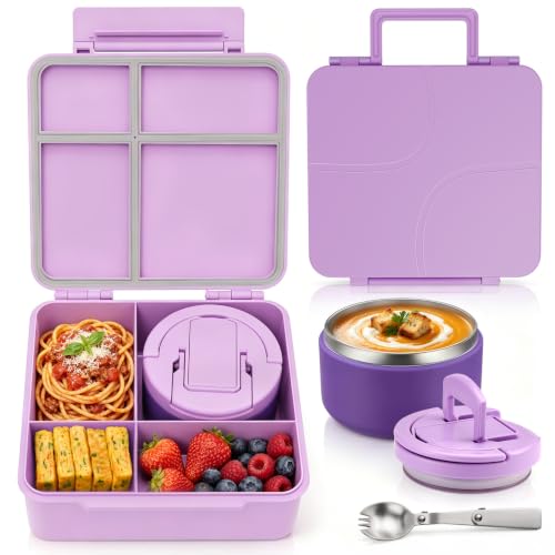MAXSO Bento Lunch Box Set for Kids with 8 oz Soup Thermo, Leakproof Hot Food Container with 4 Compartments, Insulated Food Jar for Toddler Daycare Boys Girls School - Purple - color: Purple