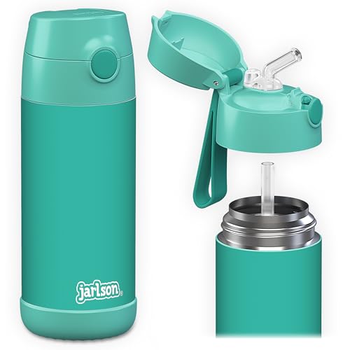 Jarlson® Kids Water Bottle CHARLI [12OZ] - Stainless Steel Thermo Bottle with Straw - Insulated, Spill Proof Waterbottle for School & Sports - Thermo Tumbler for Boys & Girls (Turquoise) - color: Turquoise 'Neo', size: 12 Ounces