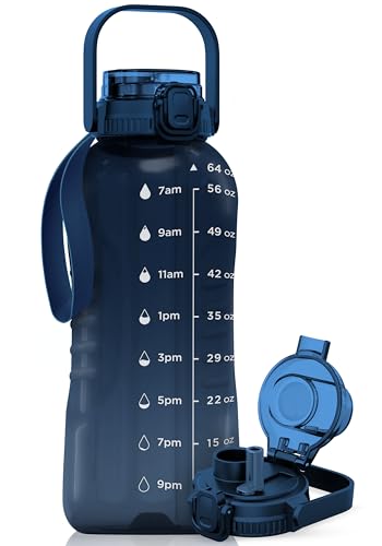 AQUAFIT 64 oz Water Bottle with Handle, 2in1 Lid | BPA Free Half Gallon Water Bottle with 2in1 Straw and Chug Lid - Leakproof Gym Water Bottle with Time Marker (Nebula) - color: Nebula