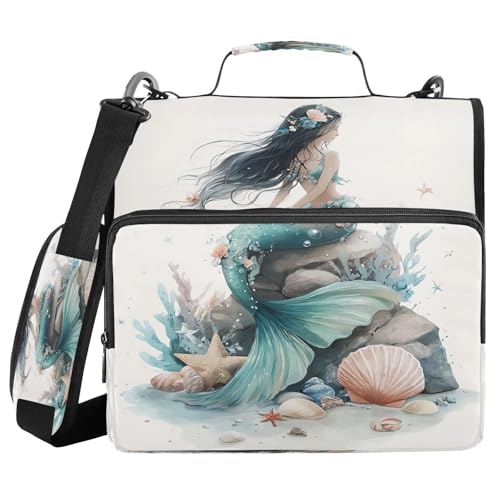 3 Ring Zipper Binder Mermaid Seashell Binders Bag with Shoulder Strap 500 Sheets Paper Organizer Trapper Keeper Documents Storage File Folder for School Office - color: A2848