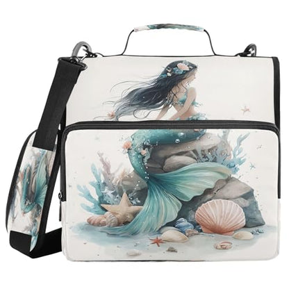 3 Ring Zipper Binder Mermaid Seashell Binders Bag with Shoulder Strap 500 Sheets Paper Organizer Trapper Keeper Documents Storage File Folder for School Office - color: A2848