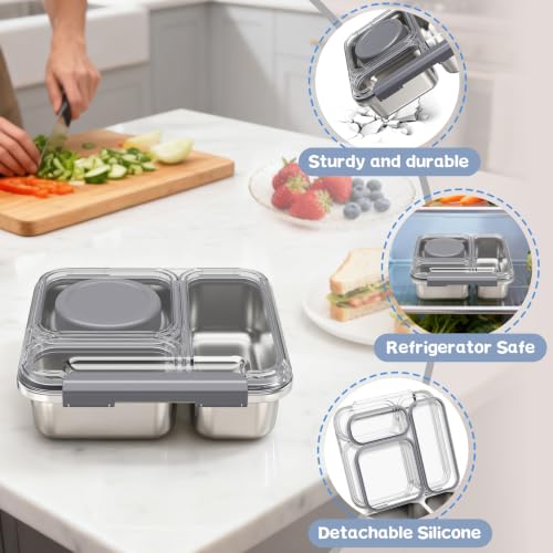 Pawtong Stainless Steel Bento Box Kids Adult with 7oz Insulated Food Jar, Transparent Lid Metal Lunch Box With Soup Thermal Jar, Lunch Box Container with Removable Divider & Sauce Cup School (Grey) - color: Gray