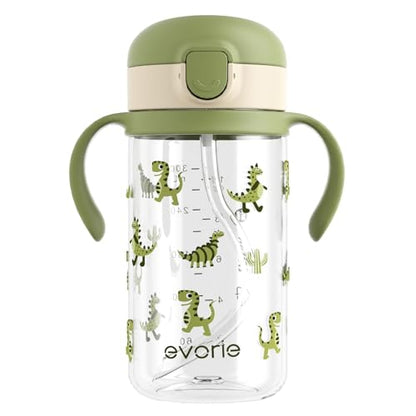 Evorie Tritan Spill Proof Straw Sippy Cups for Toddlers 1–3 Years, 10 Oz | BPA & BPS-Free, Toddler water bottle, Easy grip handles, Dishwasher safe, Durable Tritan, Easy to clean, Green Dino - color: Green Dino