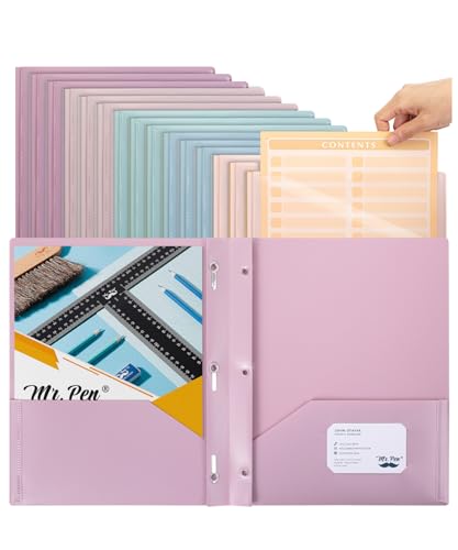Mr. Pen- Plastic Folders with Pockets and Prongs, 15 Pack, Letter Size | Assorted Pastel Colors, Flexible Plastic Folders with Prongs, Clear Front Pocket and Card Slot - color: Pastel Colors + Organizational Sheets, size: 15 Pack