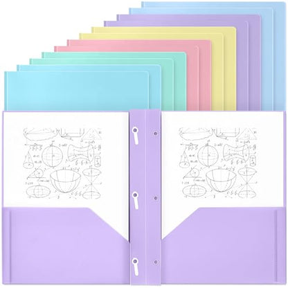 Yeaqee 12 Pcs Pastel Folders with Pockets and Prongs Plastic Folder 2 Pockets 3 Prongs with Card Slot for Office, School for Students, Teachers, Office Workers - color: Pastel