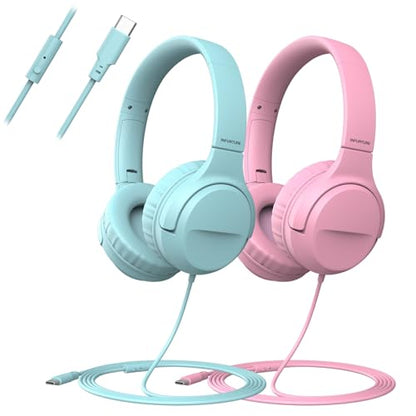 Wired Type-C Headphones for Boys/Girls with 94dB Safe Volume Limited, HD Stereo Sound Foldable Over-Ear Headphones for Tablet/School/Travel（2 Pack）