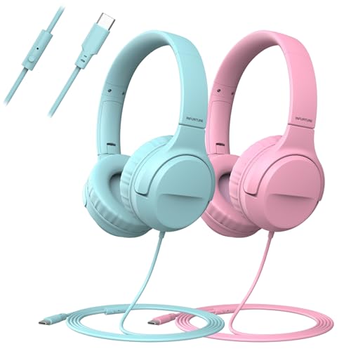 Wired Type-C Headphones for Boys/Girls with 94dB Safe Volume Limited, HD Stereo Sound Foldable Over-Ear Headphones for Tablet/School/Travel（2 Pack）