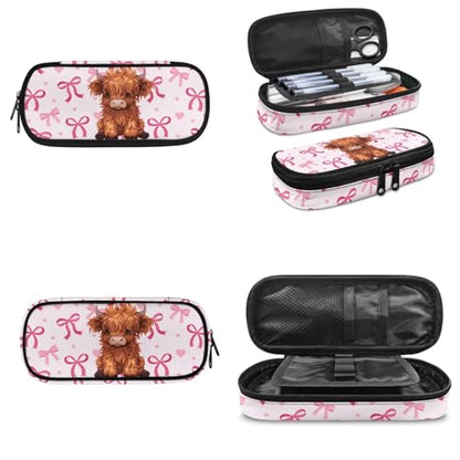 Custom Name Kids Bookbag, Pink Ribbon Bow 3-in-1 Lunch Bag & Pencil Case Combo for Girls,Highland Cow Lightweight Student Backpack Set - color: Pink Bows-highland Cow Name