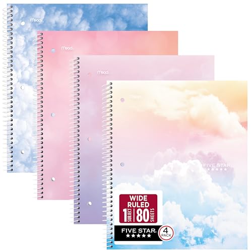 Five Star Spiral Notebook + Study App, 1 Subject, Wide Ruled Paper, 8" x 10-1/2", 80 Sheets, Clouds, 4 Pack (930294F)