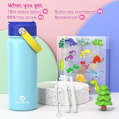 GoKEDA 18oz Kids Water Bottle, Stainless Steel Straw Cup - color: Light Blue Yellow