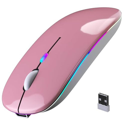 Wireless Bluetooth Mouse, Rechargeable, LED, Silent, Ultra-thin Design (Bluetooth 5.2 and 2.4GHz USB Receiver) | Portable Computer Mouse for Laptops, iPads, MacBooks and Apple Devices (Rose gold) - color: Rose gold