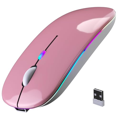Wireless Bluetooth Mouse, Rechargeable, LED, Silent, Ultra-thin Design (Bluetooth 5.2 and 2.4GHz USB Receiver) | Portable Computer Mouse for Laptops, iPads, MacBooks and Apple Devices (Rose gold) - color: Rose gold