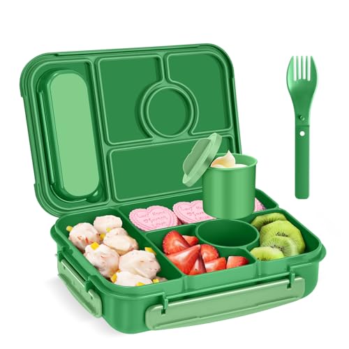 Amathley Bento Box Adult Lunch Box Kids,Lunch Containers for Adults/Kids/Toddler,5 Compartments Bento Lunch Box with Sauce Vontainers,Microwave & Dishwasher & Freezer Safe,BPA-Free (Emerald green) - color: Emerald Green