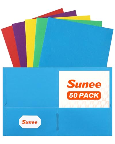 SUNEE Two Pocket Folders, 50 Pack File Folders with Business Card Slot, Assorted Colors, Textured Paper, Fit Letter Size Paper, Paper File Folder for School Office Home Business - color: Multicolored