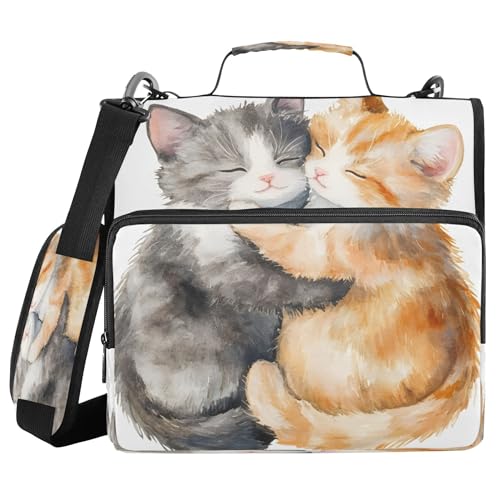 3 Ring Zipper Binder Cute Cats in Love Binder Organizer Portfolio with File and Shoulder Strap & Handle Large Capacity File Folder - color: Cute Cats
