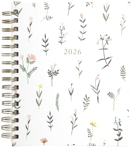 WORLD TRAVELER 2026 Planner Weekly & Monthly Hardcover Spiral Agenda | Hardcover Spiral Lay-Flat Binding, Weekly and Monthly Planning Pages, January to December 2026, 7x8.75 Compact Format - color: White Wild Flower