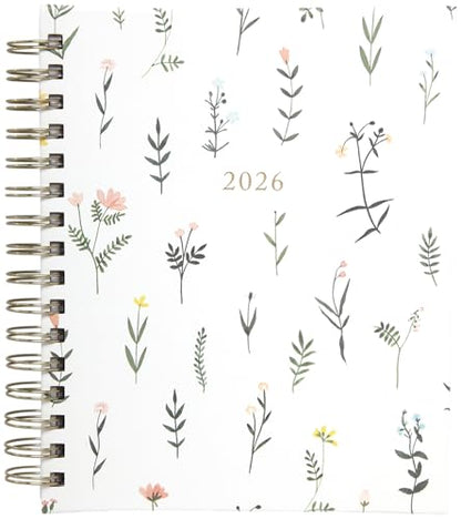 WORLD TRAVELER 2026 Planner Weekly & Monthly Hardcover Spiral Agenda | Hardcover Spiral Lay-Flat Binding, Weekly and Monthly Planning Pages, January to December 2026, 7x8.75 Compact Format - color: White Wild Flower