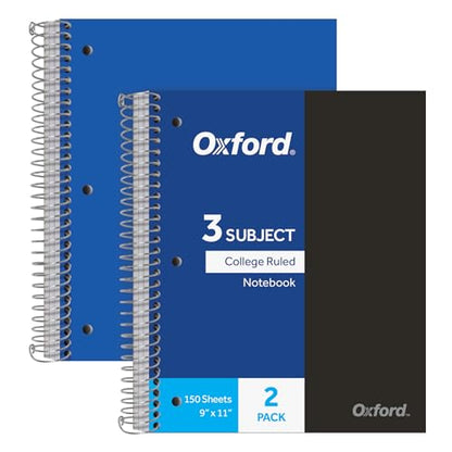 Oxford Spiral Notebooks, 3-Subject, College Ruled Paper, Durable Plastic Cover, 150 Sheets, 3 Durable Divider Pockets, 2 Pack, Blue and Black (10386)
