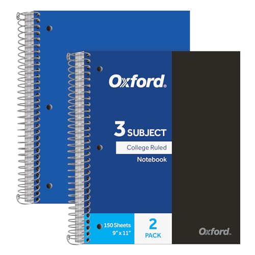 Oxford Spiral Notebooks, 3-Subject, College Ruled Paper, Durable Plastic Cover, 150 Sheets, 3 Durable Divider Pockets, 2 Pack, Blue and Black (10386)