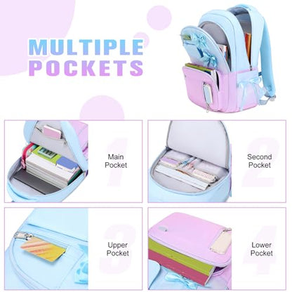 Bevalsa Backpack for Girls, Bow Kids Backpack with Bento Lunch Box, Insulated Bag & Utensils, 34oz Lunch Containers, Cute School Bookbag for Children Teens for Elementary Middle Student (Blue Purple) - color: Blue Purple