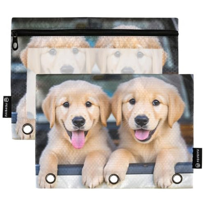 Gredecor 3 Ring Binder Pencil Pouch, Golden Retriever Dog in Car Travel-1 Zippered Pen Case Pouches with Clear Window, 2 Pack Stylish Office & School Supplie - color: Golden Retriever Dog in Car Travel-1
