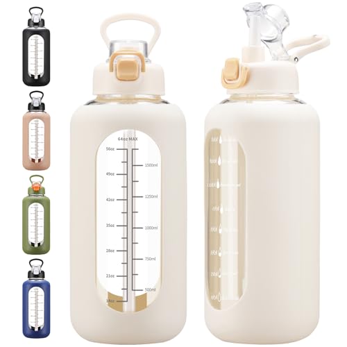 chunmo 64 oz Glass Water Bolttles with Straw Half Gallon Large Motivational Water Bottle with Time Marker Sports Water Bottles with Silicone Sleeve and Handle Lid Water Jug for Gym Workout - color: White, size: 64 Ounces
