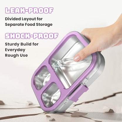 LOHASOK Kids Stainless Steel Lunch Bento Box BPA-Free Leak-Proof Tritan Lid 304 Metal Food Container with 3 Compartments for Girls Boys School Purple - color: Purple, size: 27oz/800ml