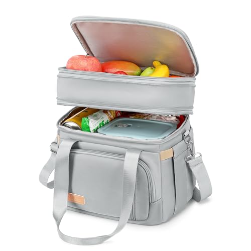 MAPLELILY Lunch Box for Men Women - Double Deck Insulated Lunch Bag, Large Leak Proof Tote Cooler, Wide Open Dual Compartment Lunch Bags with Shoulder Strap, For Work Picnic Hiking Beach, Grey - color: Gray