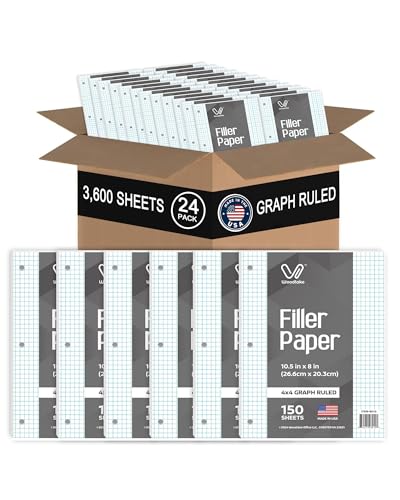 Notebook Paper USA-Made Loose Leaf Paper, 24 Pack 3600 Sheets 8"x10.5" Quad Ruled - 3-Hole Punched Bulk Filler Paper for 3-Ring Binder, 150 Sheets/Pack, Wholesale Available - color: Graph Ruled, size: 24 PACK(3600 SHEETS)