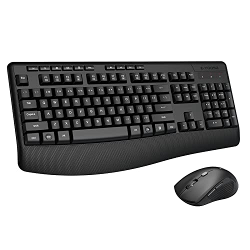 Wireless Keyboard and Mouse Combo, E-YOOSO 2.4GHz Full Sized Ergonomic Wireless Keyboard with Wrist Rest, 3 DPI Adjustable and 6 Buttons Cordless USB Mouse for Computer, Laptop, PC, Windows (Black) - color: Black
