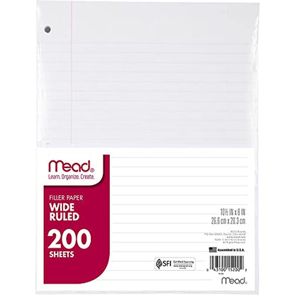 Mead Loose Leaf Paper, Wide Ruled Filler Notebook Paper, 8" x 10-1/2", 200 Sheets, Fits 3-Ring Binder (15200) - size: Pack of 1, style: 200 Sheets