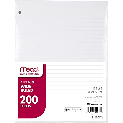 Mead Loose Leaf Paper, Wide Ruled Filler Notebook Paper, 8" x 10-1/2", 200 Sheets, Fits 3-Ring Binder (15200) - size: Pack of 1, style: 200 Sheets