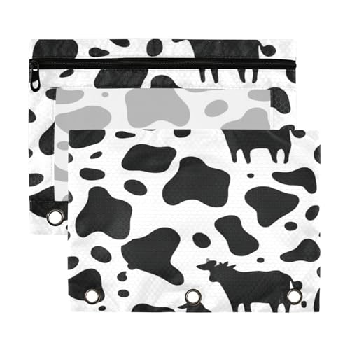 Kcldeci Pencil Pouch for 3 Ring Binder, Cow Print 2 Pack Binder Pencil Pouch with Clear Window Pencil Bags with Zipper Pencil Case for Binder - color: A08