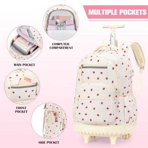 ACESAK Rolling Backpack for Girls - Roller Wheels School bag with Lunch Bag & Pencil Pouch for Teen Girls Kids Wheeled Suitcase Backpacks, Elementary Middle School Travel Daypack (Beige Strawberry) - color: Beige Strawberry