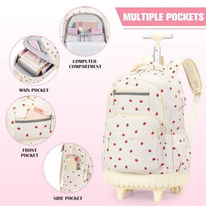 ACESAK Rolling Backpack for Girls - Roller Wheels School bag with Lunch Bag & Pencil Pouch for Teen Girls Kids Wheeled Suitcase Backpacks, Elementary Middle School Travel Daypack (Beige Strawberry) - color: Beige Strawberry