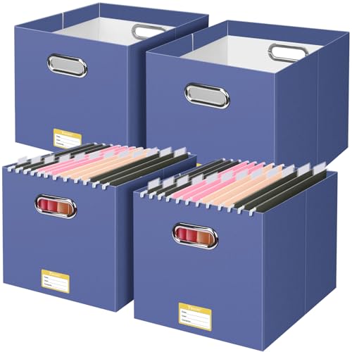 BALEINE File Organizer Box, Cardboard File Folder Organizer with Handle for Letter Size, Portable Collapsible Hanging Filing Box for Home Office Document Storage (4 Pack, Large Navy) - color: Navy, style: 4PK