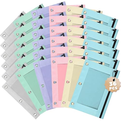 Lanpn Pencil Pouch for 3 Ring Binder 36 Pack, Pastel Binder Pen Bags Bulk with Zipper, Aesthetic 3 Holes Pencil Pouches Organizer for Boy Girl Kids School Student, Reinforced Grommets & Clear Window - color: Multicolor, size: 36 Pack