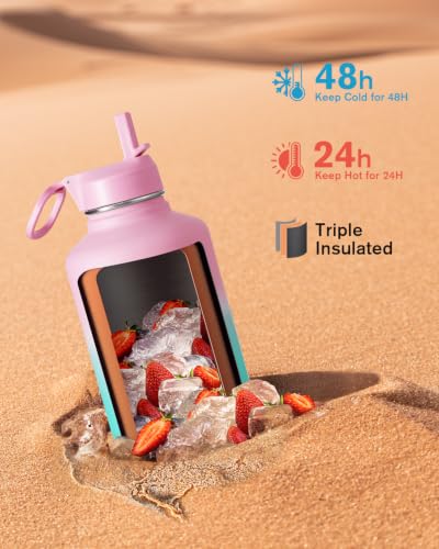 Water Bottle Insulated 64 oz with Straw & 3 Lids, Coolflask Half Gallon Water Jug Large Metal Stainless Steel Wide Mouth, Non-BPA Keep Cold 48H Hot 24H, Bubblegum Princess - color: Bubblegum Princess, size: 64 Ounces