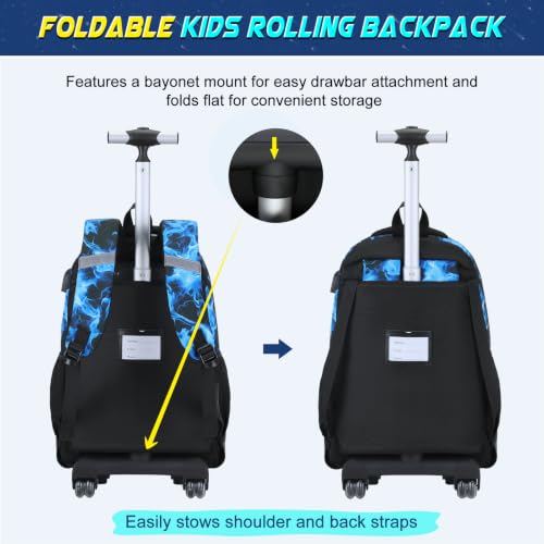 Scothen 3PCS Rolling Backpack for Boys, Cool Gamer Roller Backpack with Wheels, Kids Boy Wheeled Backpacks with Lunch Bag Pencil Case for Teens Bookbag Kindergarten Elementary Middle School - color: Blue Flame