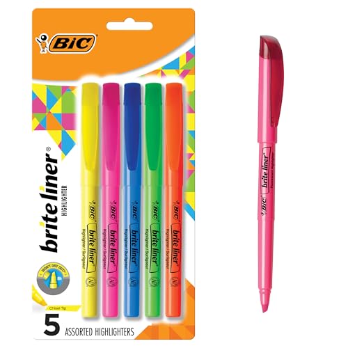 BIC Brite Liner Highlighters, Chisel Tip, School Supplies for Students and Teachers, Ideal for Notes, Textbooks, and Classroom Use, 5-Count Pack in Assorted Colors - color: Assorted, size: 1 Count (Pack of 5)