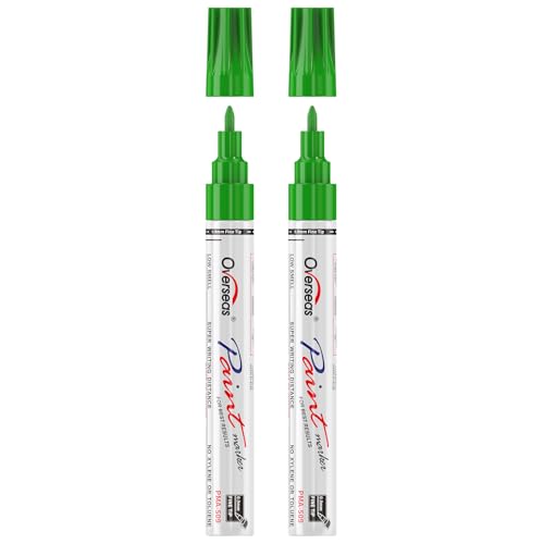Overseas Green Oil Based Paint Markers, 2 Fine Tip Permanent Paint Pens | 0.9mm Fine Nib, Waterproof, Quick Dry, Fade Resistant, Oil Marker Pen for Metal, Rubber, Wood, Plastic, Rock, Glass, Canvas - color: Green