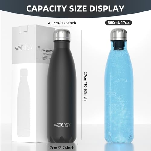 WATERSY Stainless Steel water bottles,17oz/500ml Insulated Water Bottles,Black metal water bottle Keeps Drink Cold and Hot,BPA Free kids water bottles for School,Gym,Travel,Sports - color: Black