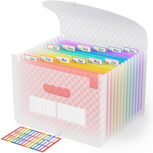 ABC life 12 Pockets Accordion File Organizer Expanding File Folders, Portable Monthly Bill Receipt Document Organiser, Expandable Accordian Filing Folder Letter A4 Size, Colored Tabs (Pink) - color: Pink
