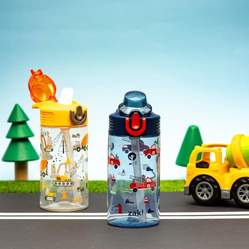 Zak Designs Sage Kids Water Bottle For School or Travel, 16oz Durable Plastic Water Bottle With Straw, Handle, and Leak-Proof, Pop-Up Spout Cover, 2-Pack Set (Construction and Rescue) - color: Construction and Rescue